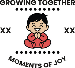 A smiling baby is sitting in a outfit with a background in the style of sign illustrations