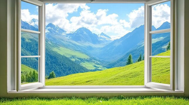 Open window, mountain view, green grass, room, nature, postcard, interior, design, spring, advertising
