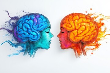 Artistic representation of two colorful human brains in warm and cool tones, symbolizing creativity, thought diversity, and duality of emotions in an abstract visual concept