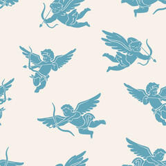 Pattern with cupids. Seamless vector texture. Beautiful St. Valentine's Day wrapping paper template. Blue cupids silhouettes on beige background