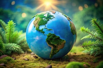 Fototapeta premium A Lush Green Globe Rests Gently on a Bed of Moss, Representing Our Planet's Fragile Ecosystem and the Importance of Environmental Preservation