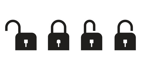 Closed and opened lock icon collection. Locked and unlocked black line icon set for apps and websites. Flat security shields logotype vector illustration. Key padlock clipart. Safety and protection 