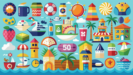 A lively and colorful summer-themed illustration brimming with tropical fruits, beach accessories, and nautical symbols, encapsulating the joyful essence of vacation vibes and seaside adventures