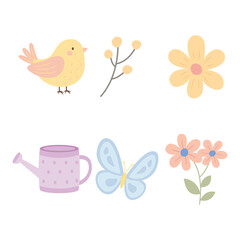 Colorful Pastel Elements Set of Bird Butterfly with Flower Floral and Watering Plant in the Garden