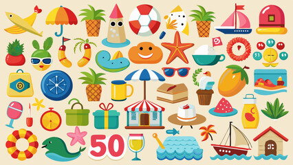 A dynamic and colorful summer-themed illustration featuring a vibrant array of beach accessories, tropical fruits, and nautical elements, evoking a sense of joy, relaxation, and adventure