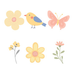 Colorful Pastel Elements Set of Bird Butterfly with Flower Floral in the Garden