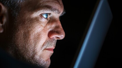 Tired Businessman Focused on Screen with Strained Expression in Dim Light Environment at Night