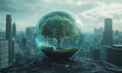 Globe ball with tree growing and green nature cityscape in metropolis city center City of green community and fresh air, Generative AI