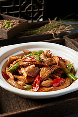 Stir-fried pork intestines with pepper, garlic sprouts and bean curd sauce