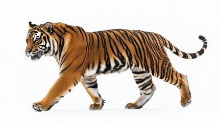 Obraz premium Majestic Tiger Walking Gracefully Against Plain White Background