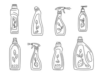 Fototapeta premium Set of Bottles and canisters of Eco-friendly Green detergent product for different surfaces in kitchen, bathroom and other rooms. Spring cleaning. Zero waste lifestyle, Green home concept