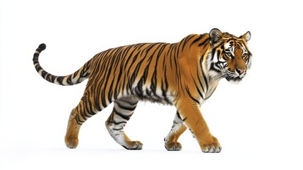 Obraz premium Majestic Tiger Walking Gracefully on a White Background