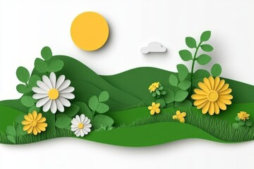 Vibrant green countryside with blooming flowers, rolling hills, sun, and clouds in a playful, colorful paper cut art style illustration