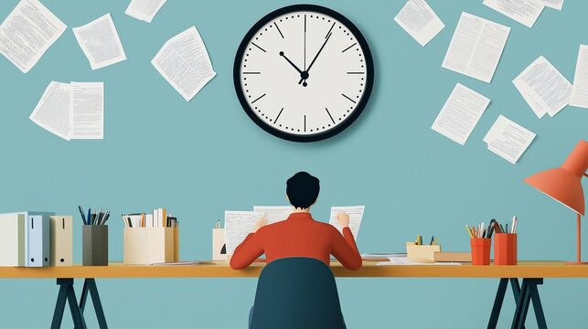 Time management at a desk surrounded by papers and notes during a busy workday
