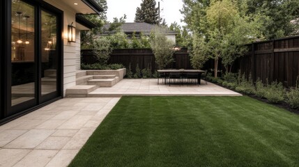 Fototapeta premium Modern backyard patio with lawn, dining set, and house