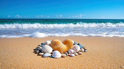 Seashells forming a heart on a sandy beach