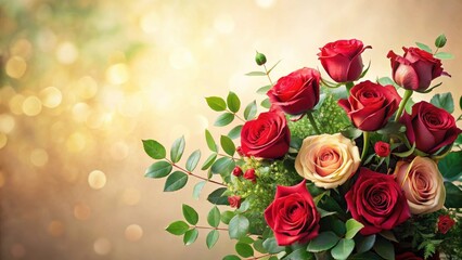 A radiant bouquet of crimson and cream roses, meticulously arranged with lush greenery against a soft, shimmering background, perfect for expressing heartfelt sentiments.