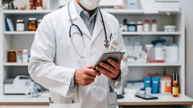 Doctor in a white coat reviews patient medical records using a clipboard in a modern clinic. Medical supplies are visible in the background.
