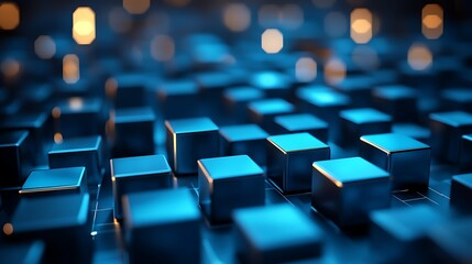 Fototapeta premium Abstract blue cubes, glowing background, technology concept, website banner