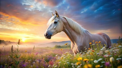 Obraz premium A majestic palomino horse stands serene amidst a vibrant wildflower meadow at sunrise, bathed in the golden light of a breathtaking dawn.