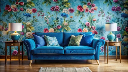 Obraz premium Modern Blue Living Room Design: Stylish Sofa & Floral Wallpaper Portrait Photography