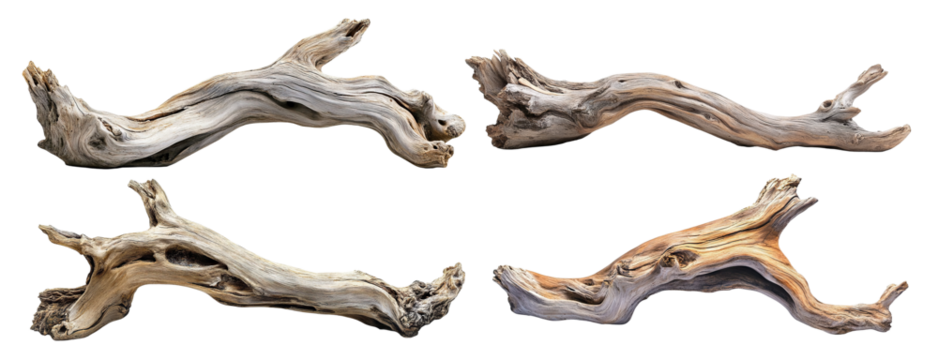 Set of driftwood branches, isolated on transparent cutout background