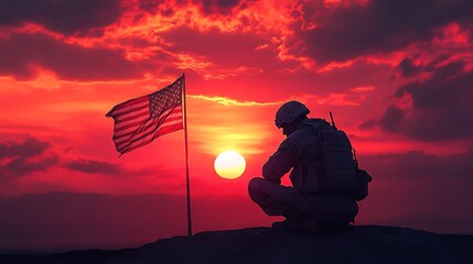 Naklejka premium A lone soldier kneeling at a war memorial, the sky ablaze with the rich colors of a setting sun, flag gently waving in the background, high-contrast lighting, deeply emotional and symbolic,