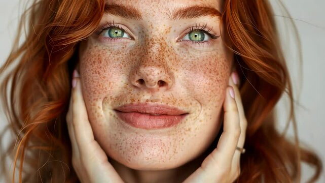 Close-up portrait of a young woman with vibrant red hair and striking green eyes, showcasing natural freckles and a warm smile, embodying confidence and beauty in a bright, soft-focus background