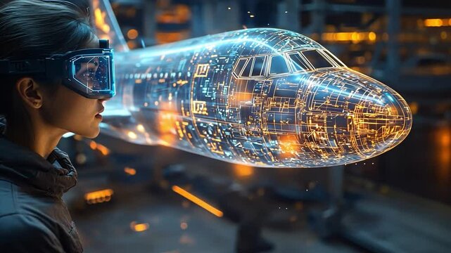 Visionary Aviation: A woman wearing virtual reality glasses gazes at a holographic airplane, representing the future of flight and technological innovation in the aerospace industry.