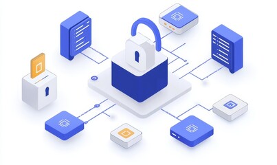 Security chain Network Illustration showing a secure network connection with data packets encrypted for secure transmission, ensuring data integrity and, Generative AI