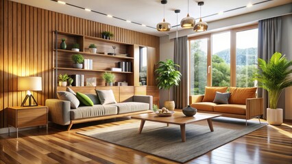 Fototapeta premium Modern Living Room Wooden Cabinet Interior Design 3D Render - Architectural Photography
