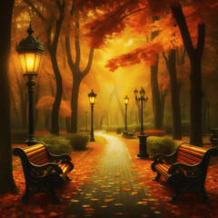 autumn fall park pathway benches trees walkway lamp orange yellow mist tranquil serene quiet relaxing