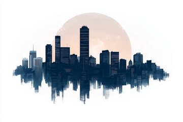 Obraz premium Urban city skyline with glowing reflection under pastel moon, showcasing modern architecture, serene water ambiance, and calming twilight atmosphere for high quality icon
