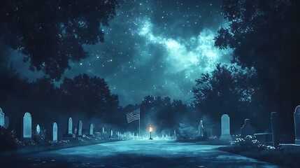 A peaceful and reverent scene, the eternal flame flickering under a starlit sky, surrounded by solemn white gravestones, a faintly blurred American flag waving in the distance, deep shadows,