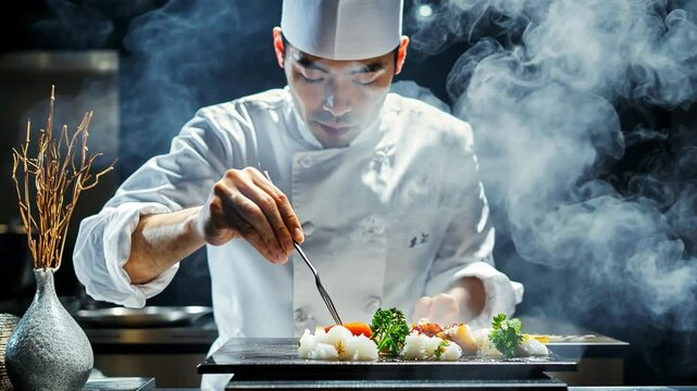 Professional chef preparing a gourmet dish with dramatic smoke effects