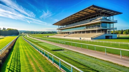 A modern racetrack grandstand overlooking a meticulously maintained turf track on a bright sunny day