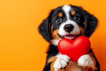 Cute entlebucher mountain dog with animal toy red heart - sign of love, funny greeting card. Commercial idea. Entlebucher mountain dog - my preferred dog. Valentine's dog poses.