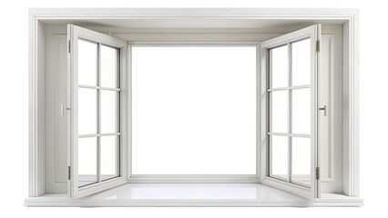 Fototapeta premium Open White Window Frame, Architectural Photography, Isolated White Background, PNG, Clean Lines, Minimalist Design, Modern Architecture, Interior Design Element