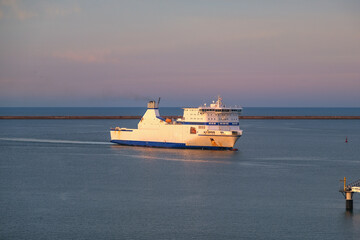 Passenger and cargo roro ferry Cotentin arrival into port of Le Havre, France from Newcastle, England