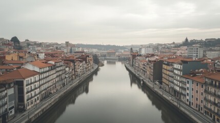 Fototapeta premium Riverfront city, foggy day, buildings, overcast sky, travel photography