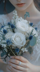 Fototapeta premium A bride holding her bouquet, with white roses and blue hydrangeas 
