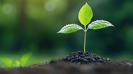 Young plant seedling growing in soil, sunlight, green background, nature, environment
