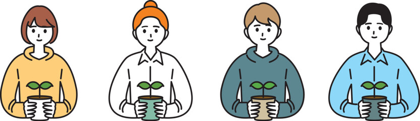 エコを体現するため苗を持って植樹に挑む若い男女のイラストセット