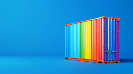 Colorful shipping container with LGBTQ+ colors on blue background