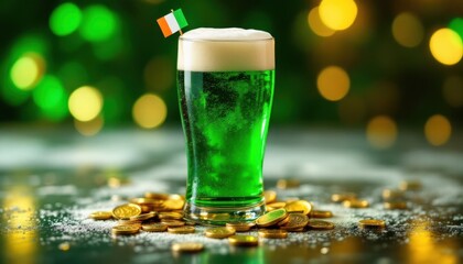 St. patrick's day celebration with green beer and irish flag