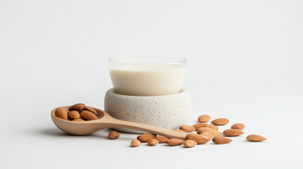 modern composition of almond milk in frosted glass with almonds scattered around. serene setting highlights natural ingredients and healthy lifestyle