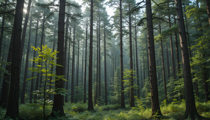 The forest has young trees, big trees, and wide and tall forests.