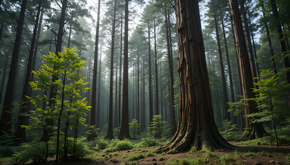 Obraz premium The forest has young trees, big trees, and wide and tall forests.