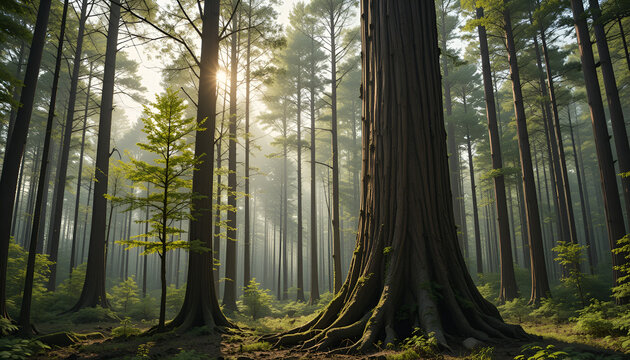The forest has young trees, big trees, and wide and tall forests.