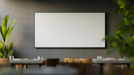 Cozy interior of modern restaurant with large blank wall and plants